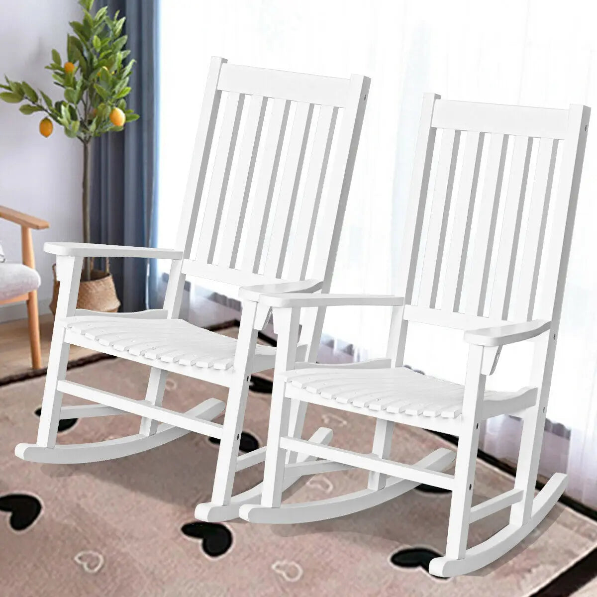 Patiojoy White Wooden Rocking Chair: High Back Porch Rocker for Indoor & Outdoor Garden Seating