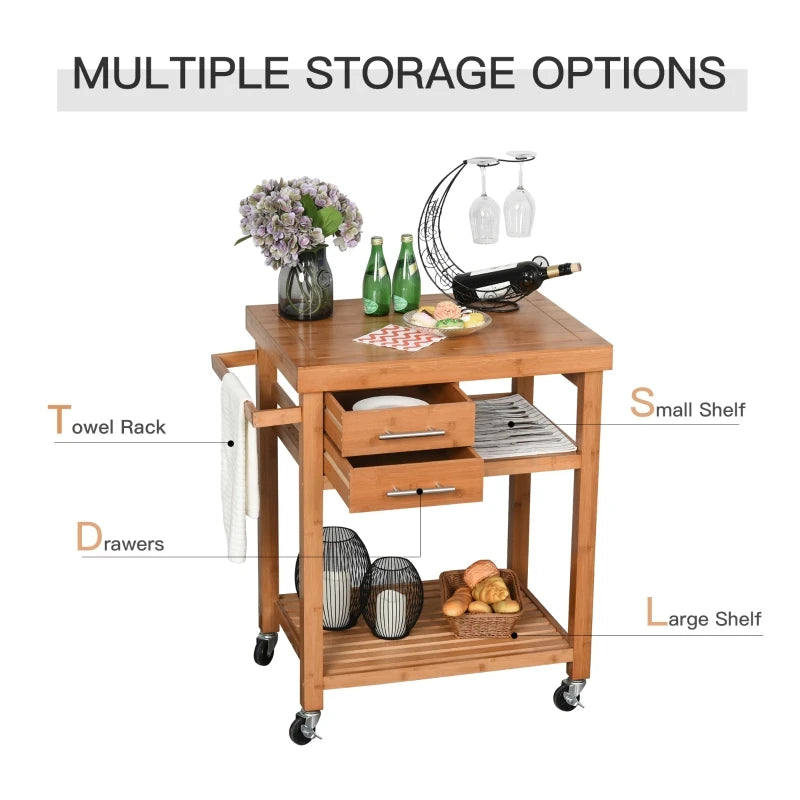 Bamboo Kitchen Island Trolley: Rolling Utility Cart w/ 2 Drawers, Adjustable Shelving & Wheels