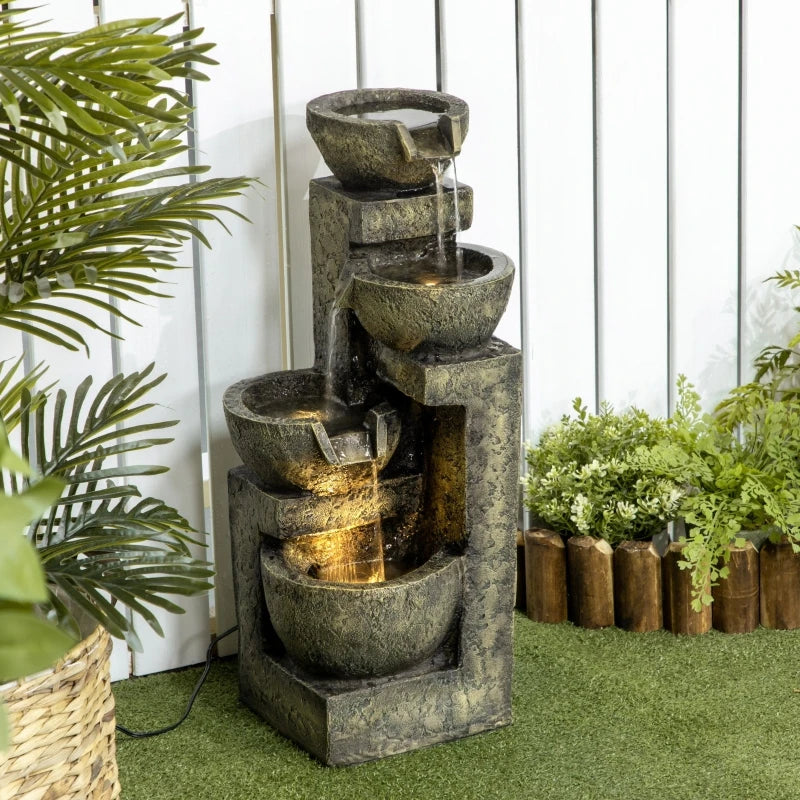 Outdoor Fountain with Stacked Stone Look Bowls, Cascading Waterfall