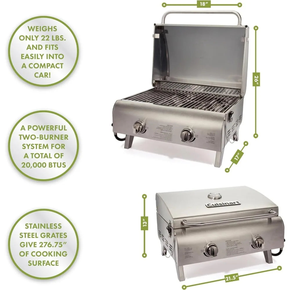 Chef's Style Portable Propane Tabletop BBQ Grill, 2 Burners, Stainless Steel