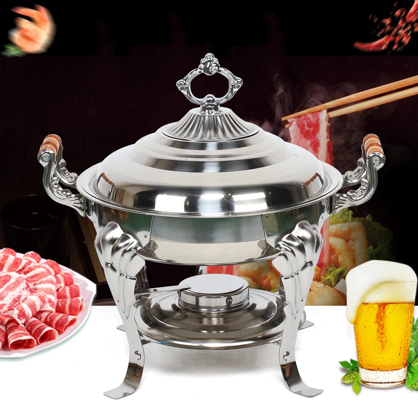 Round Stainless Steel Warming Container Chafing Dish Food Warmer Food Insulation