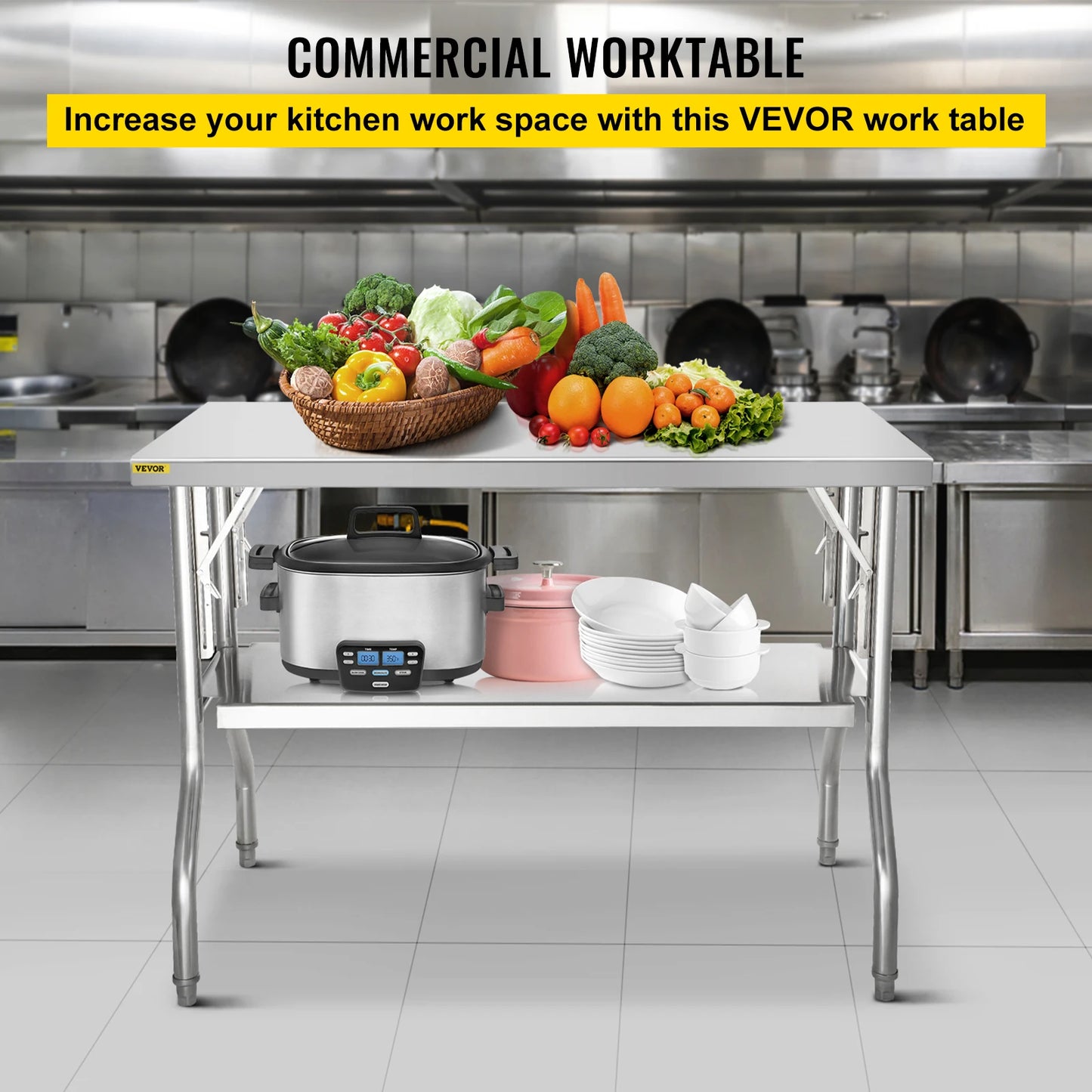 VEVOR Commercial Worktable 48 x 24 Inch Folding Table, Heavy-duty Stainless Steel w/ 772 lbs Load