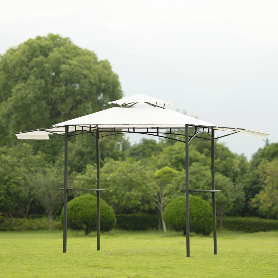 Steel Double Tiered BBQ Grill Gazebo: 13ftLx4.5ftW with Extendable Shades, Bar Counters, White