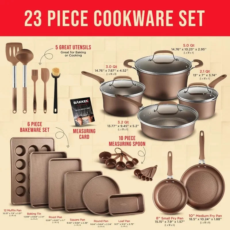 Cookware Set – 23 Piece –Gold Multi-Sized Cooking Pots with Lids, Skillet Fry Pans and Bakeware