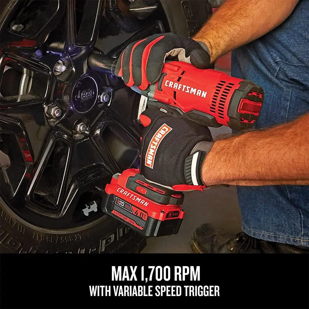 CRAFTSMAN V20 RP Impact Wrench: Cordless, Brushless, 1/2", 4Ah Battery, Charger Included