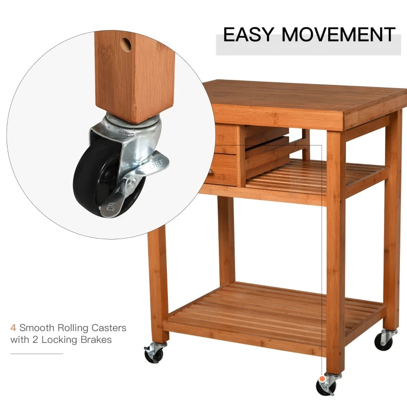 Bamboo Kitchen Island Trolley: Rolling Utility Cart w/ 2 Drawers, Adjustable Shelving & Wheels