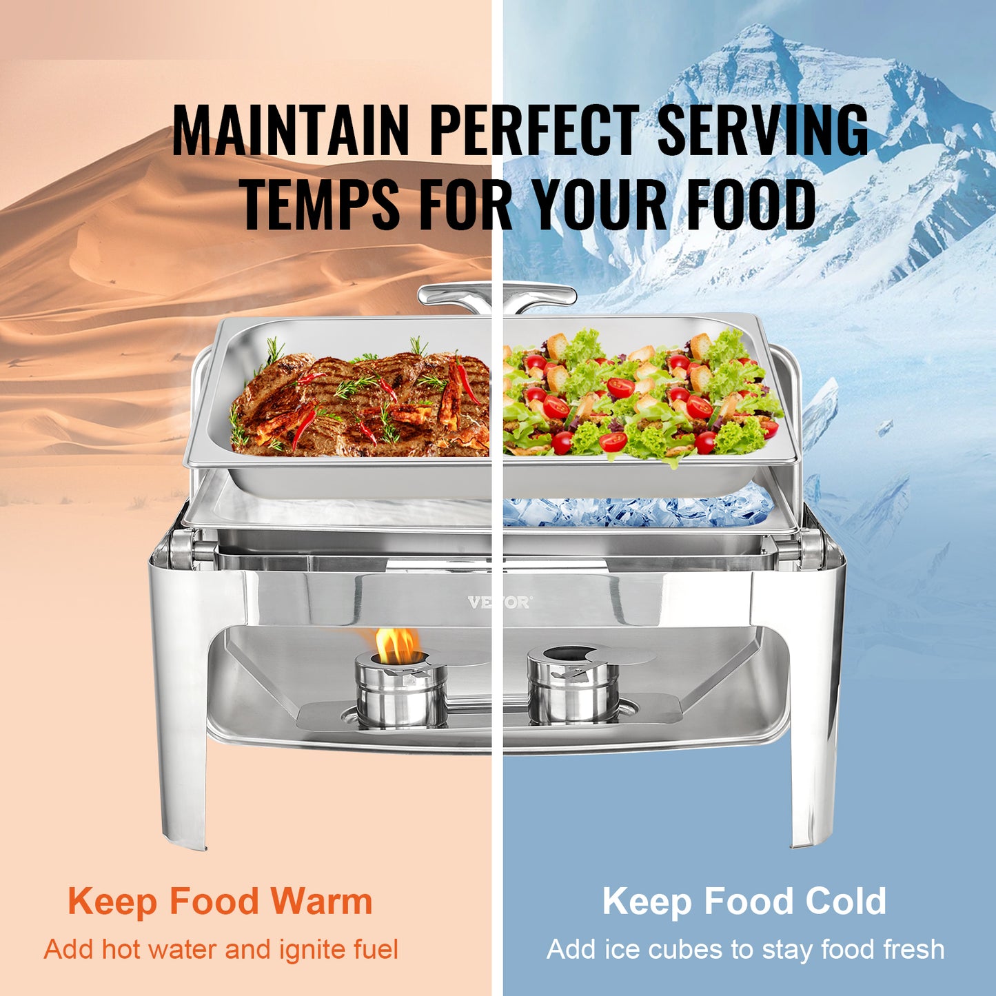 VEVOR 9QT Roll-top Chafing Dish, Set Stainless Steel w/2 Half Pans Rectangle Catering Warmer w/Lid