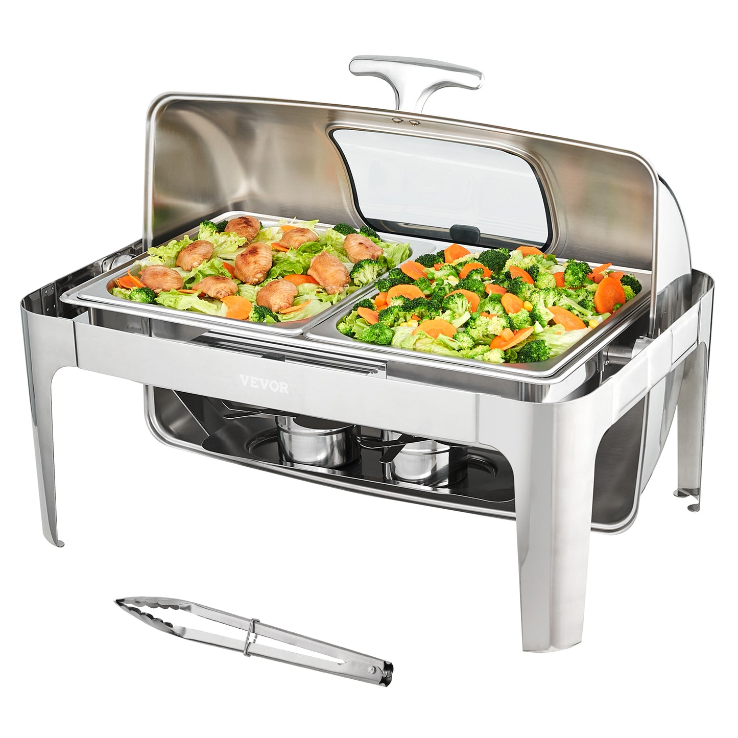 VEVOR 9QT Roll-top Chafing Dish, Set Stainless Steel w/2 Half Pans Rectangle Catering Warmer w/Lid