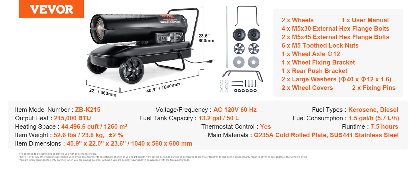 VEVOR Kerosene Forced Air Heater Portable Torpedo Diesel Space Heater with Thermostat