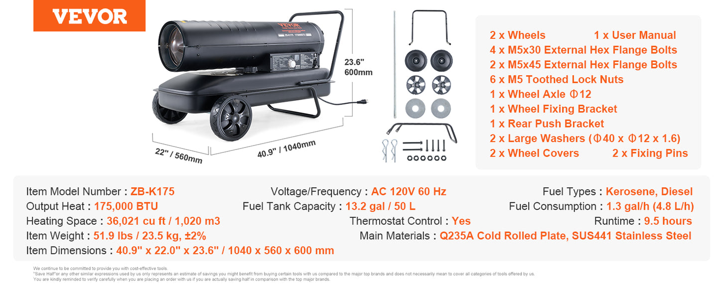 VEVOR Kerosene Forced Air Heater Portable Torpedo Diesel Space Heater with Thermostat