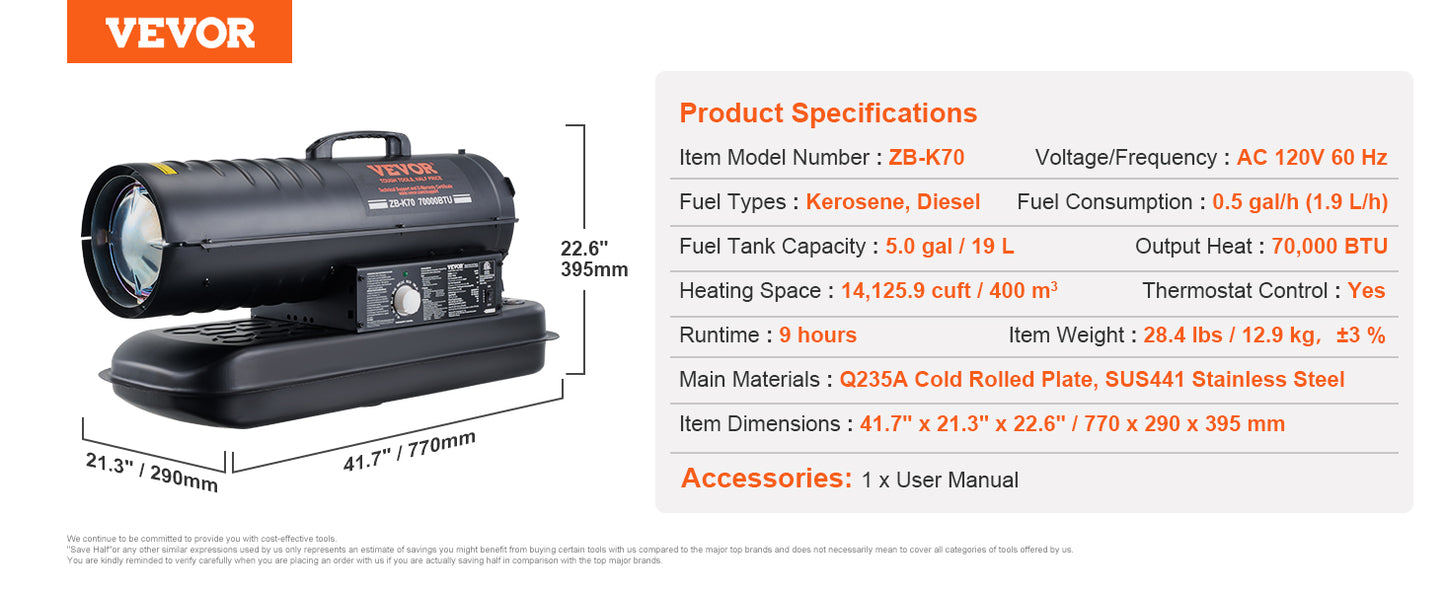 VEVOR Kerosene Forced Air Heater Portable Torpedo Diesel Space Heater with Thermostat