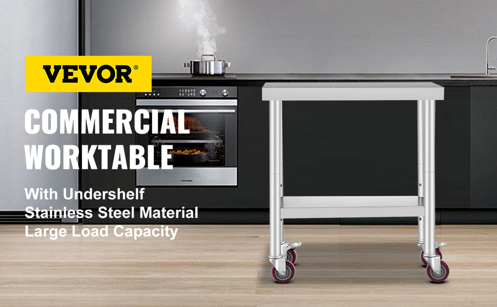 VEVOR Stainless Steel Kitchen Worktable shelves Commercial Work Bench Table with Caster Wheels