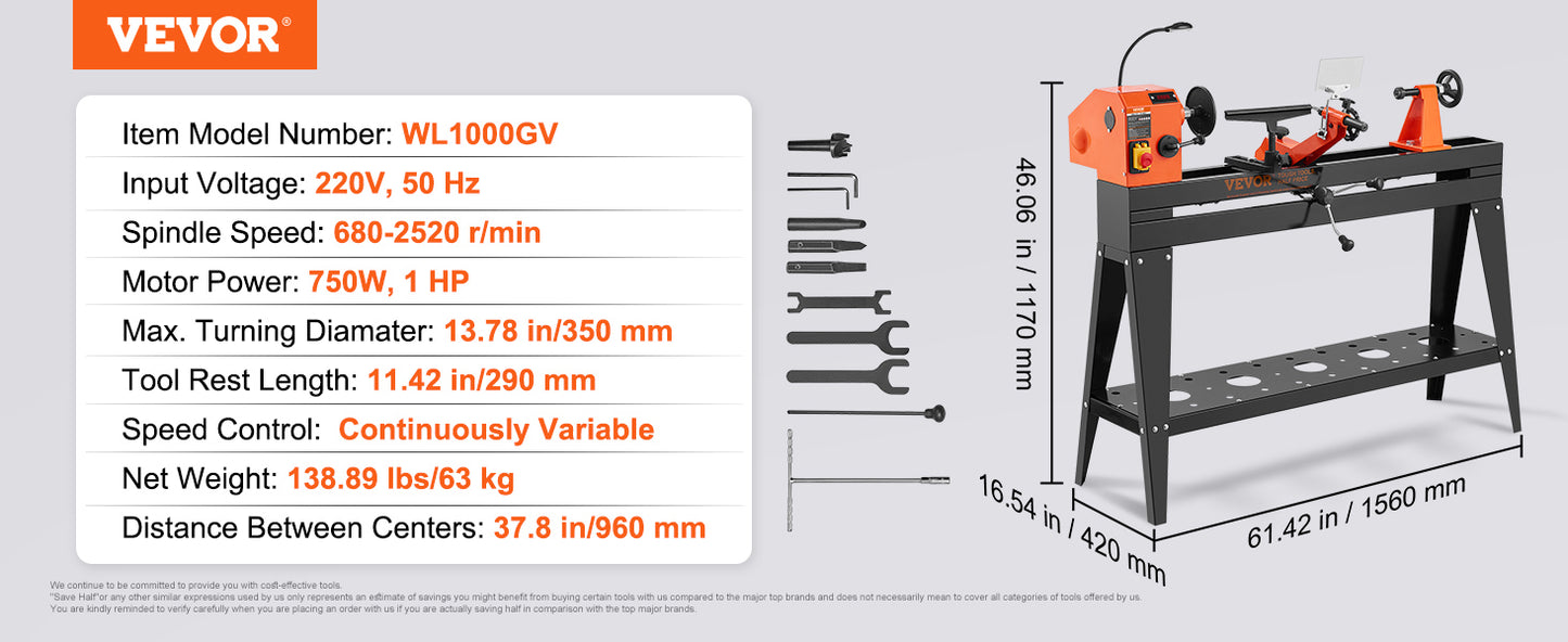 VEVOR Wood Lathe 750W 13.78in x 37.8in with Stand, Copy Attachment & Light - Link Logical Mall